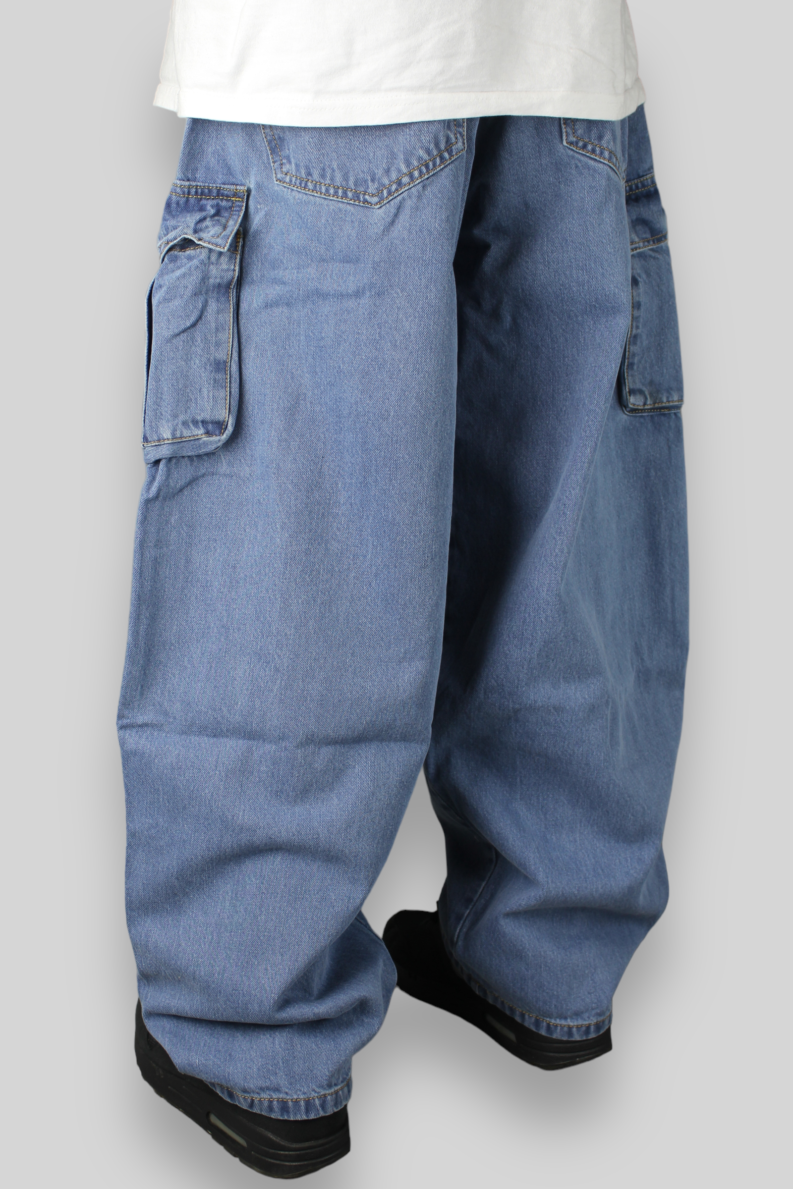 Balloon Fit Cargo Denim Pants (Stonewash Blue)